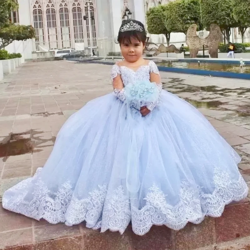 Licht Himmel Blau Puffy Blumen Mädchen Kleider Lange Ärmeln Für Hochzeit Spitze Appliqued Kleinkind Pageant Erstkommunion Kleider