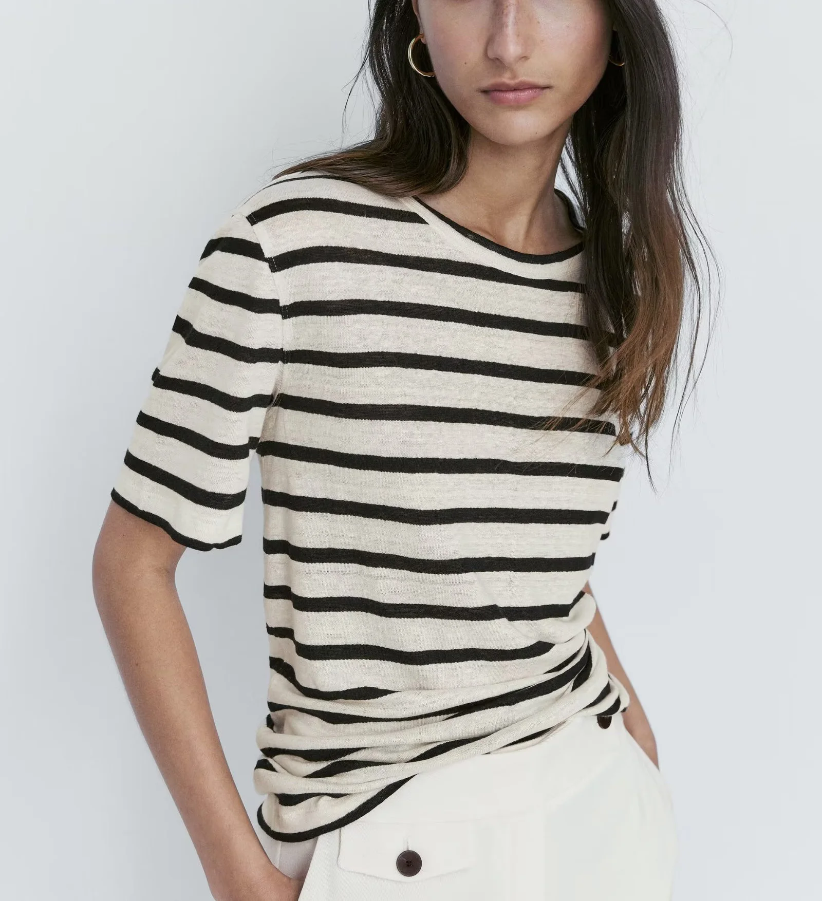 مريحة للتنقل Sle مخطط ort Sve جولة Ne تي شيرت المرأة الأساسية عادية وصول جديد 2024 ألياف البوليستر