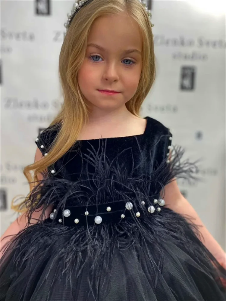 Elegant Black Sleeveless Tulle Feather Flower Girl Dress Princess Ball First Communion Dresses Kids Surprise Birthday Present