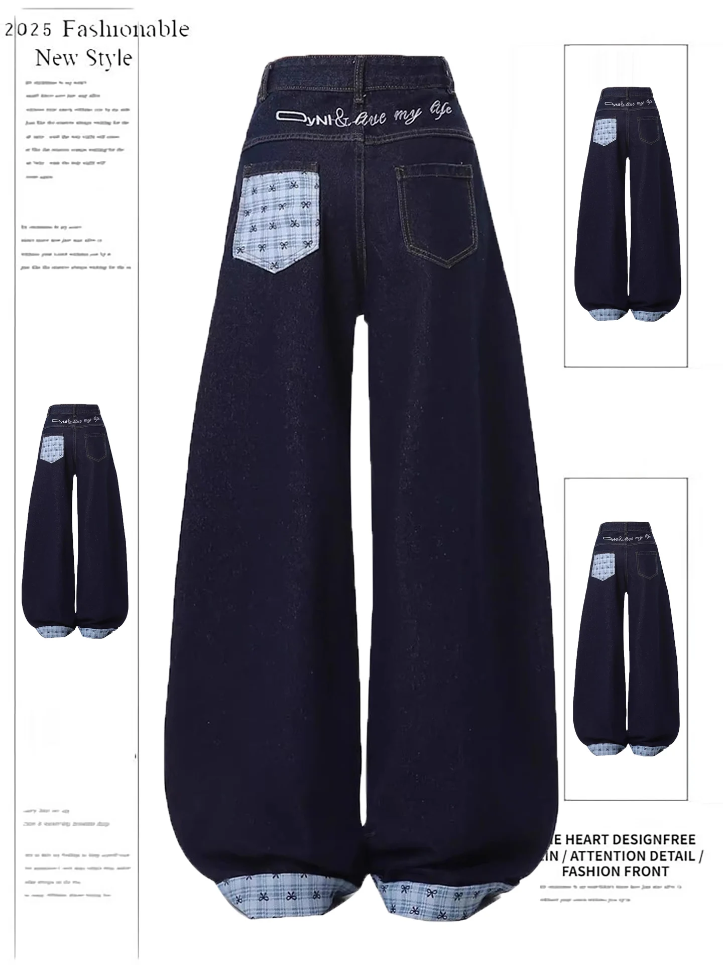 

Tie Dye Denim Blue Women's Wide Leg Pants High Waist Long Trousers Spring Autumn New Design Loose Straight Cut Floor Length