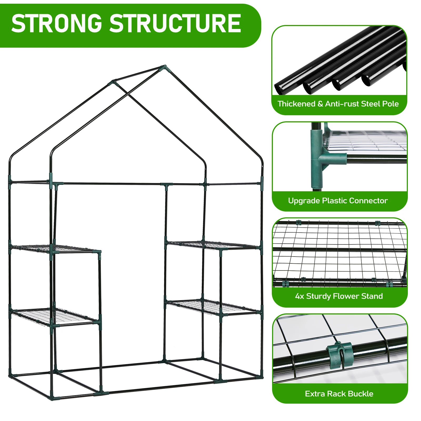 Mini Walk-in Greenhouse with PE Cover, 4-Shelf Indoor Outdoor Plant Gardening Green House for Garden Backyard, 56