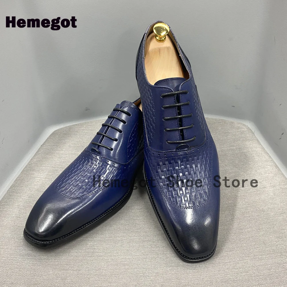 

Woven Pattern Men's Leather Shoes Genuine Leather Oxford Shoes Blue/black Lace Up Men's Black and Blue Business Dress Shoes