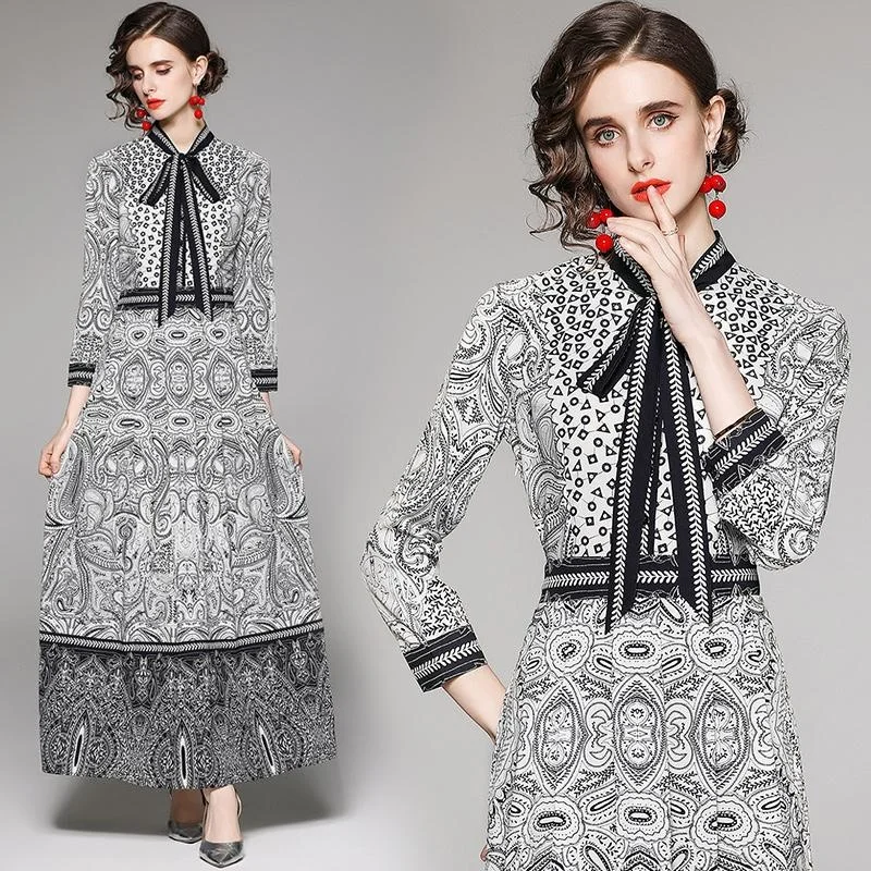 Retro French Dignified Women Maxi Spring Summer Dresses Gray Color Special Pattern Ethic Robe Full Sleeve Corest Elegant Vestido