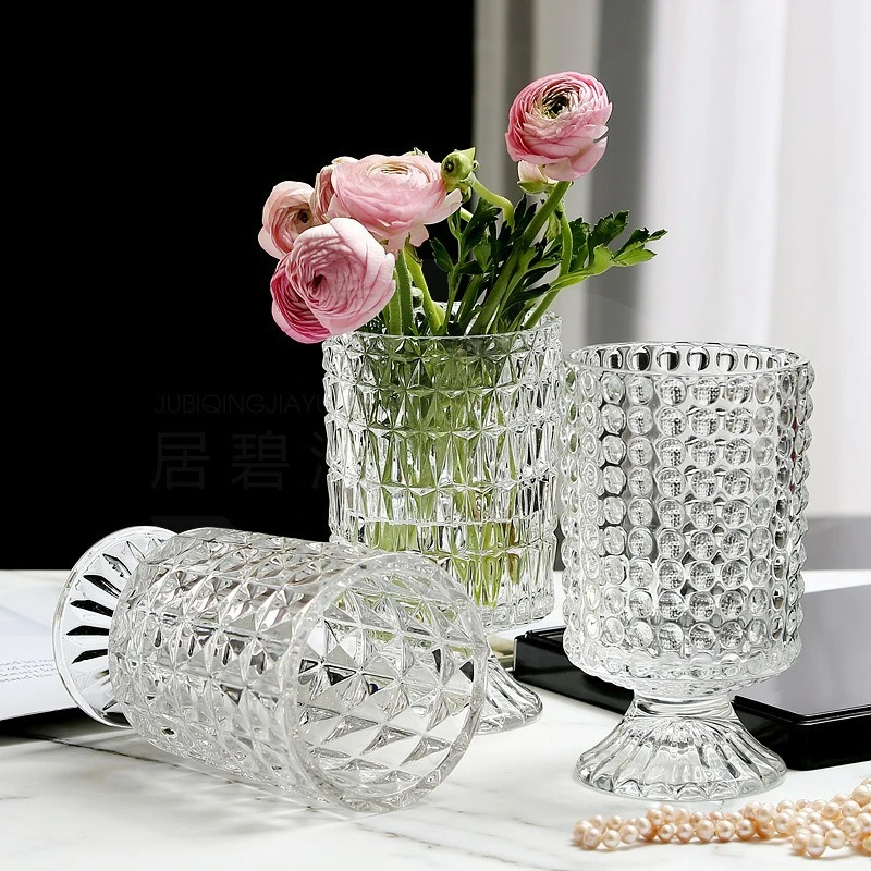 Internet Celebrity Simple Relief Light Luxury European Transparent Glass Vase High Foot Flower Arrangement Water Hydroponics Des