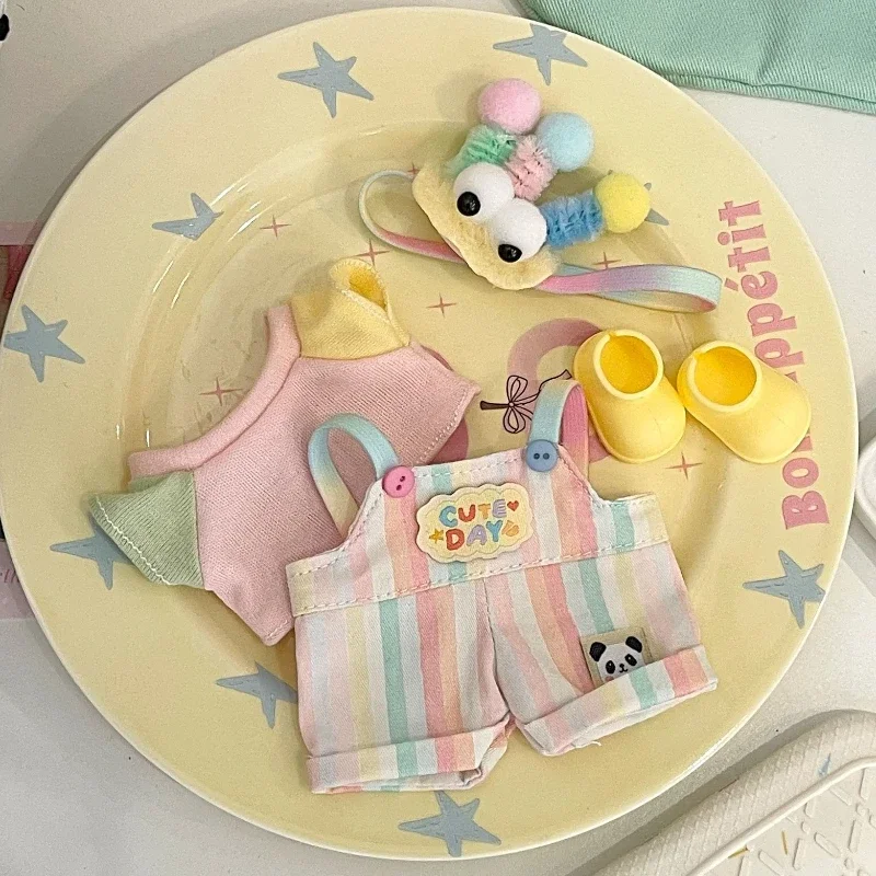 Suitable for Labubu V1 V2 V3 17cm Vinyl Dolls Clothes Headdress Tops Overalls Shoes Four-piece Set Trendy Cool Accessories Gifts