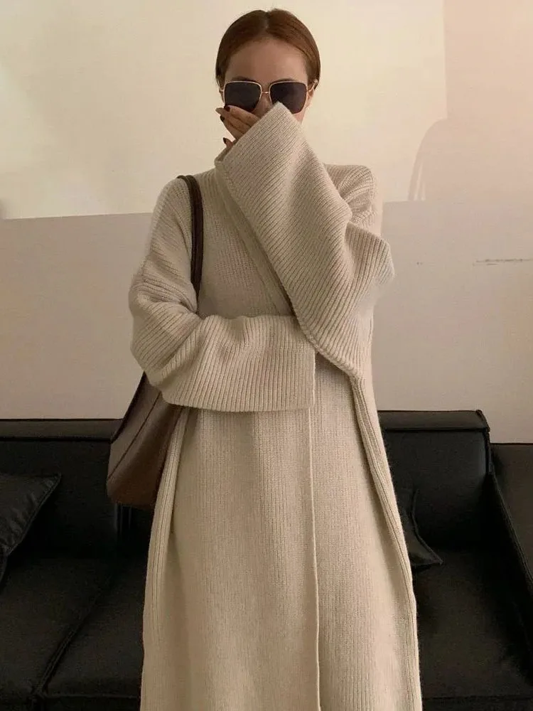 Spring Fall V-neck Knitted Cardigan Loose Long Sweater Warm Soft Solid Color Malhas Coats Elegant Woman Fashion Tops Jackets