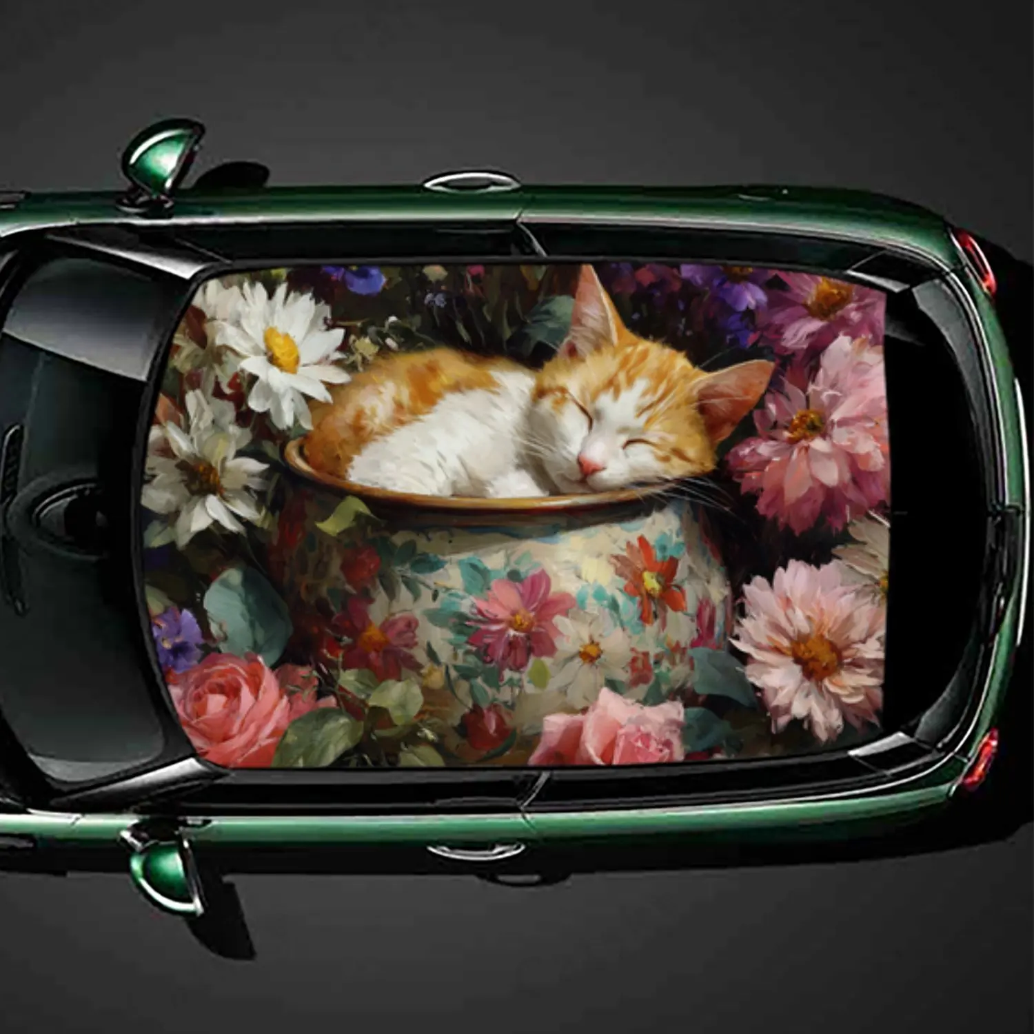 

Cozy Kitten in Flower Pot Cute Cat Amidst Colorful Blooms Car Roof Sticker PVC Self Waterproof stick , Striking Auto Exterior Ac