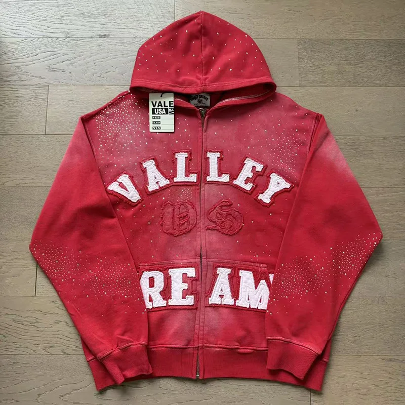 Fall Winter New Collection VALLEY Rhinestone Splatter Chenille Valley Dream Letter Zip Up Casual Street Top