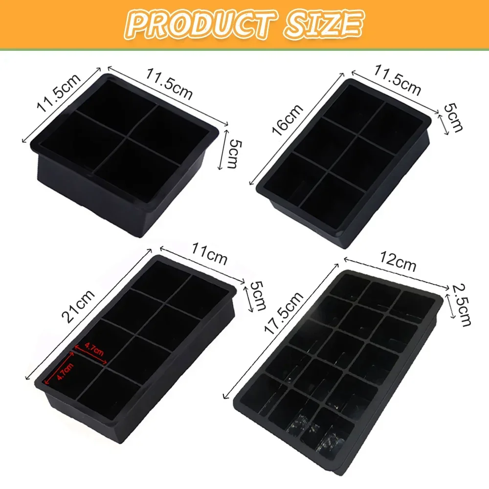 4/6/8/15 Grid Big Ice Tray Mold Large Food Grade Silicone Ice Cube Square Tray Mold DIY Ice Maker Ice Cube Tray for Kitchen Bar