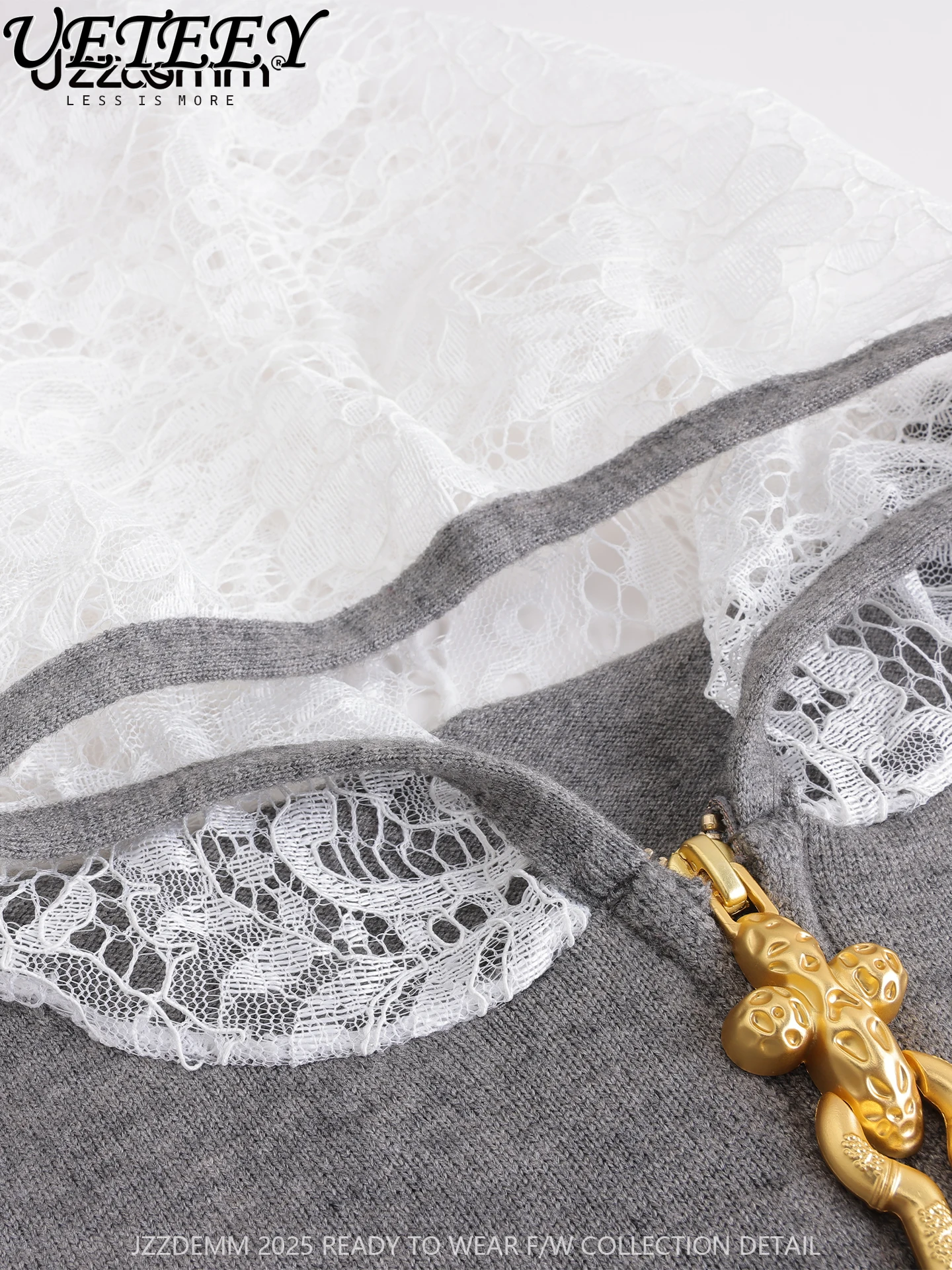 Metal Decoration Half Zip Lace Cap Spliced Knitted Pullover 2026 Spring and Autumn New Versatile Long Sleeve Top for Women