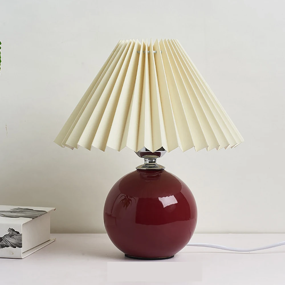 Vintage Pleated Table Lamp with LED E27 Tricolored Bulb Ceramic Base  AU US EU UK Plug Cute Decorative Night Light for Bedroom