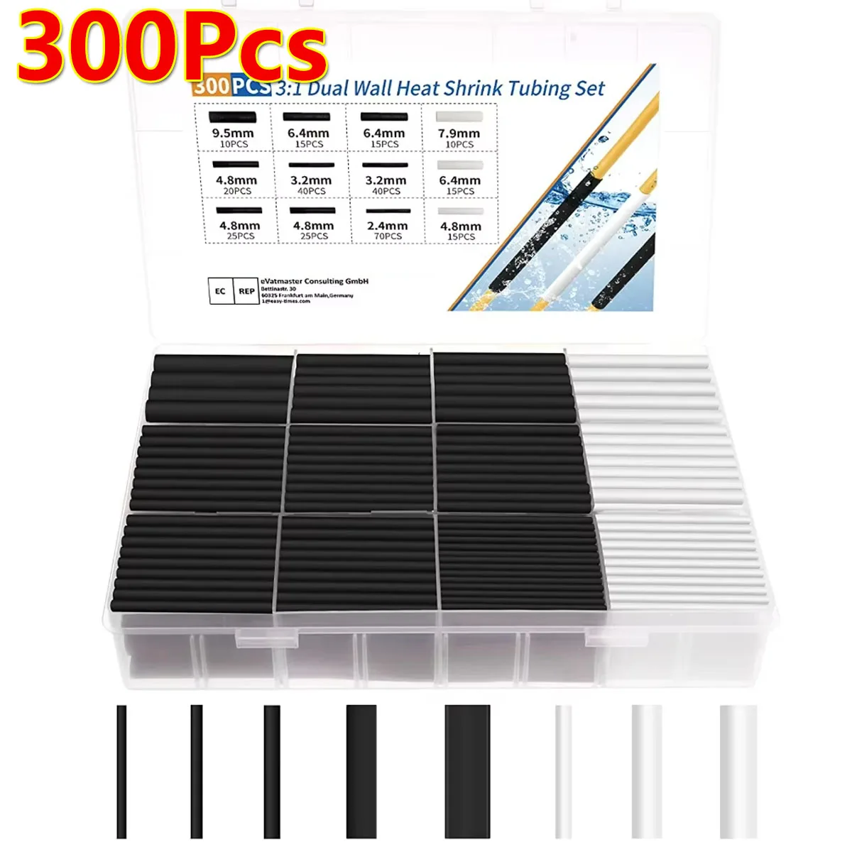 

300Pcs 3:1 Heat Shrink Tubing Kit Shrink Ratio with Glue Waterproof Heat Sking Tube Cable Sleeves Repair Kit Self-Adhesive Lined