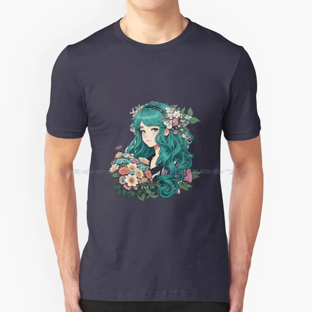 Girl With Flower T Shirt 100% Cotton Tee Flower Girl Bouquet Leaf Garden Princess Green Teal Wedding Anime Manga Cute Kawaii