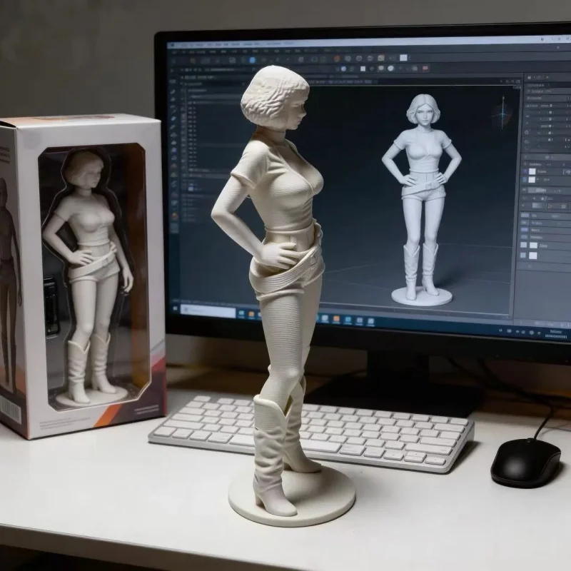 

3D printed desktop ornament, anime character ornament decoration, white model, western girl, cross waist boots model, portrait