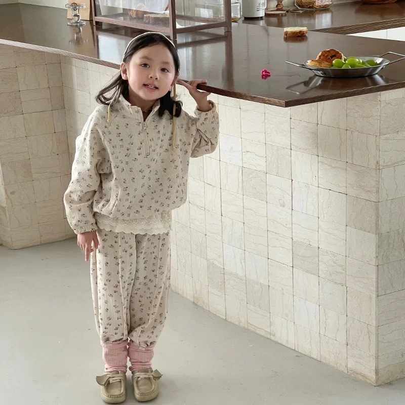 Childrens Clothing Set 2024 Autumn New for BoysGirls Korean Casual Floral Two Piece Set Baby Clothes Printing Sweet