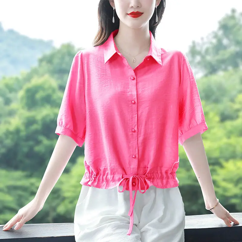 Simplicity Office Lady Summer Women's POLO Collar Solid Single Breasted Shirring Fashion Versatile Loose Short Sleeve Shirts Top