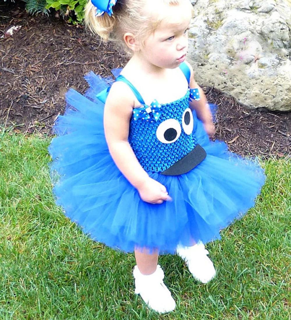 Blue Cookie Monster Tutu Dress for Girls Halloween Costume Cartoon Tulle Kids Birthday Carnival Party Dresses Children Clothing