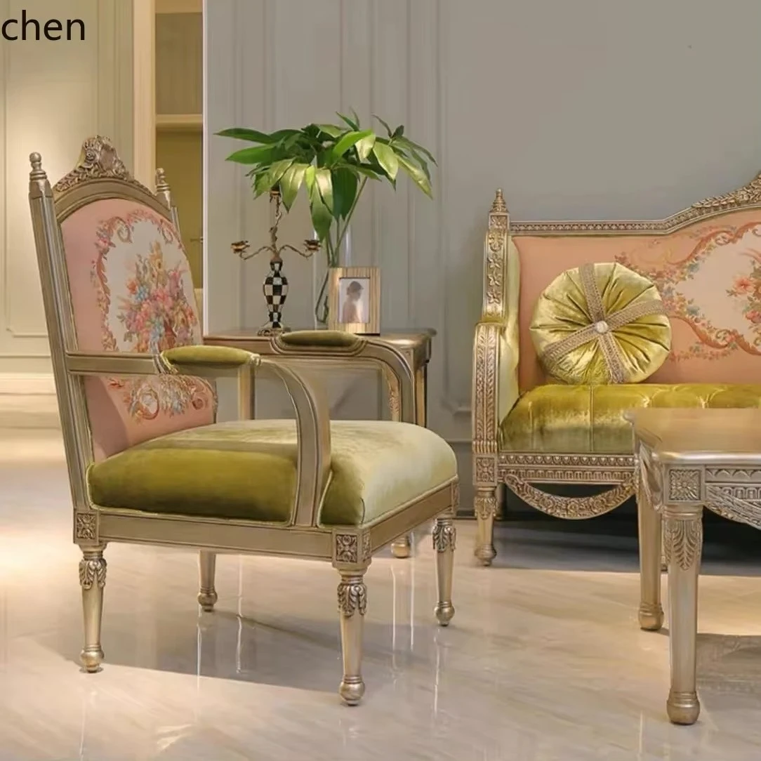 v1 French Style Solid Wood Living Room Sofa Set Palace Style Villa TV Cabinet Coffee Table Pink Green Printed Fabric Sofa