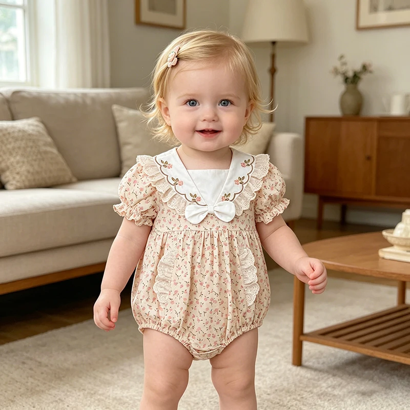 2026 New Summer 0-24M Baby Girl Korean-Style Short Sleeve Print Romper Short Sleeved Birthday Sweet Bow Romper