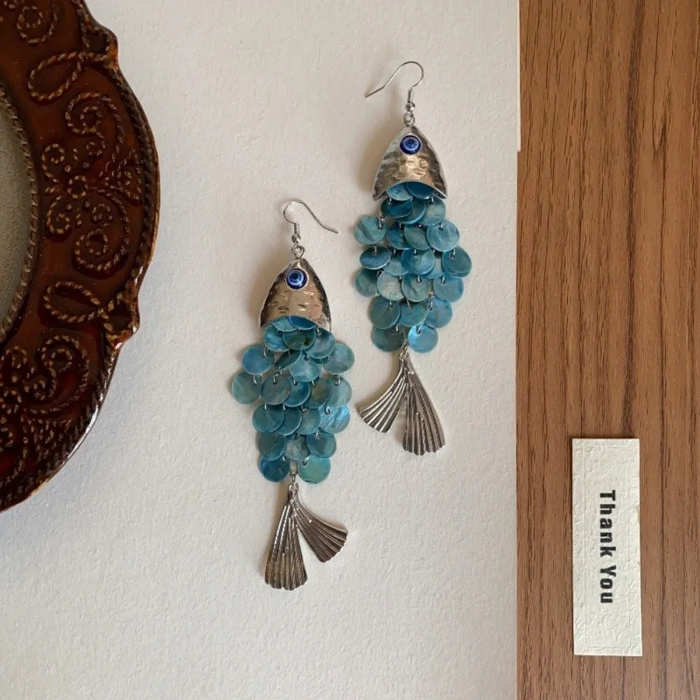 Retro Personality Fish-shaped Earrings Scaly Elegant Imitation Shell Tassel Earrings Alloy Ear Hook Design Dangle Earrings Beach