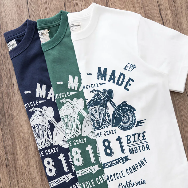 American Vintage Casual 200gsm T-shirt for Men Summer Amekaji 100% cotton Motorcycle Print T shirt for Men Y2k Tees High Quality