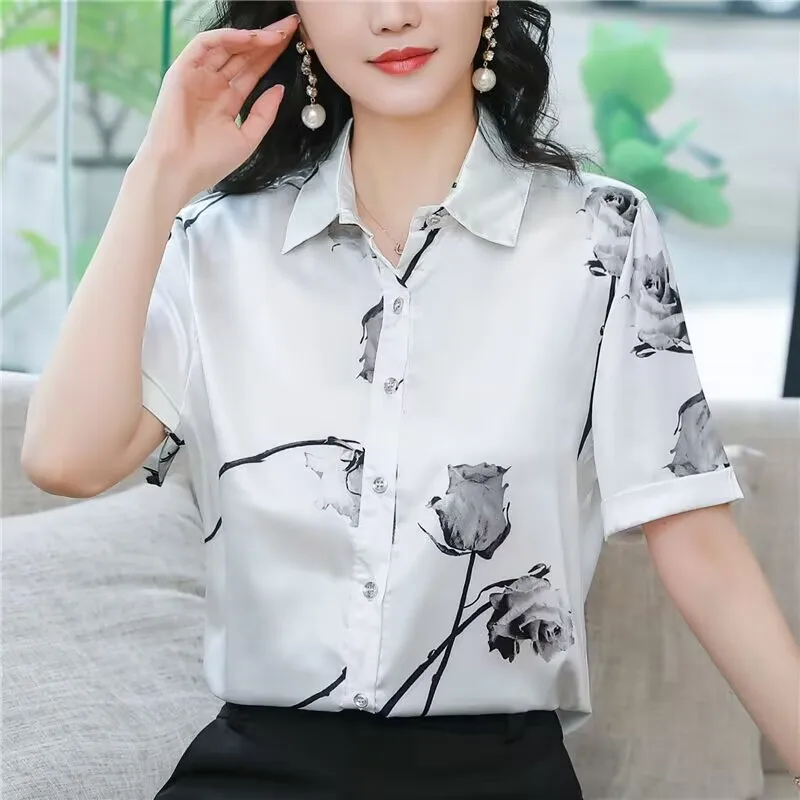 

Clothing Unique Mom Short Sleeve Silk Shirt New Summer WomenPrinted Plus Size Mulberry