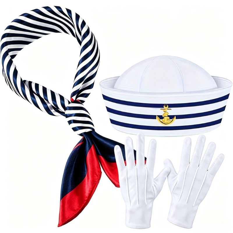 3 Sets of Navy Captain Hats, Sailor Hats, Scarves, Summer Beach Pool Party Cosplay Hats, Halloween Costume Accessories
