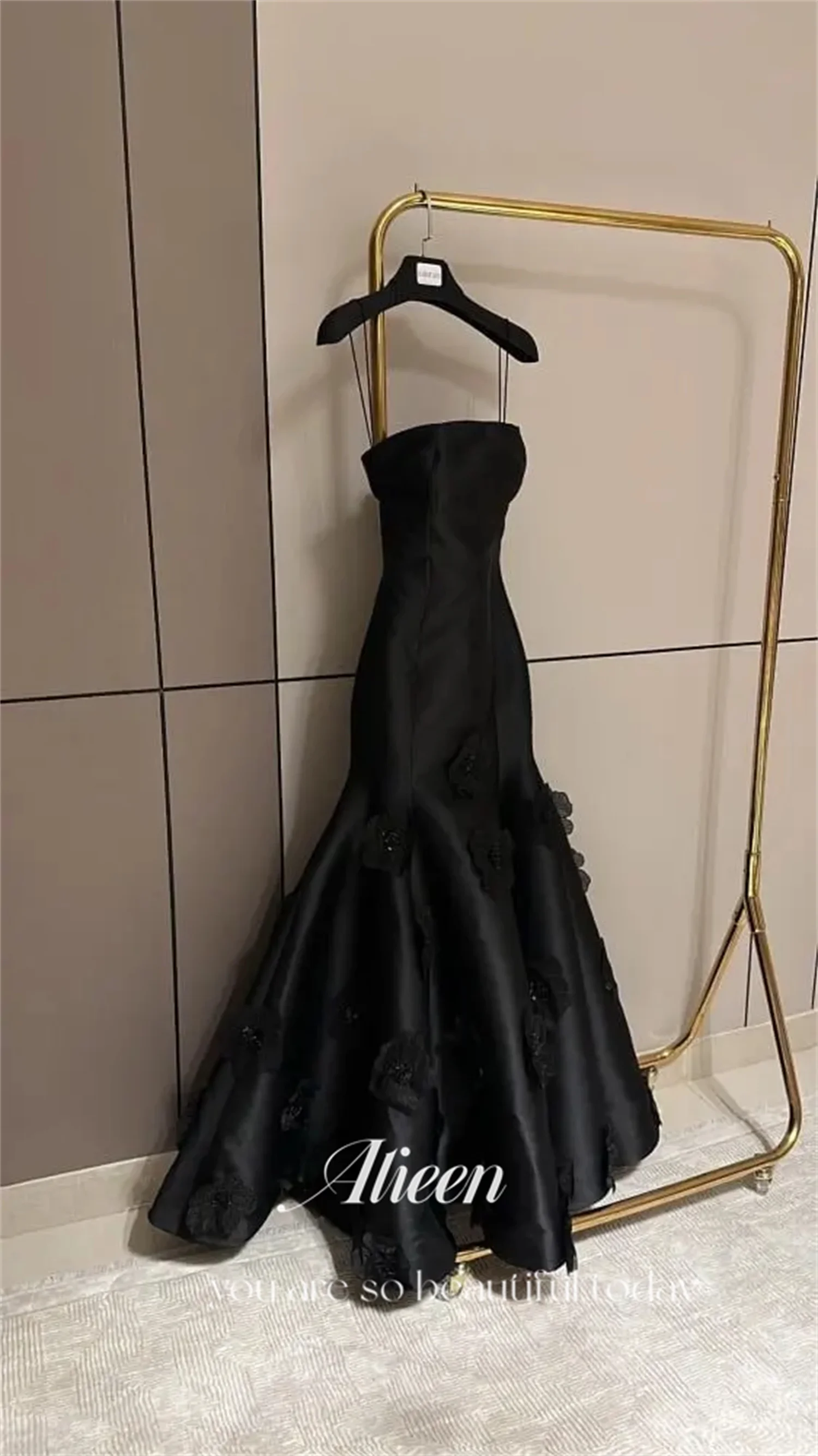 Robe de Soirée Sirène en Satin Noir à Fleurs Personnalisées pour Femme, Tenue Élégante de Luxe pour Bal de Promo et Mariage