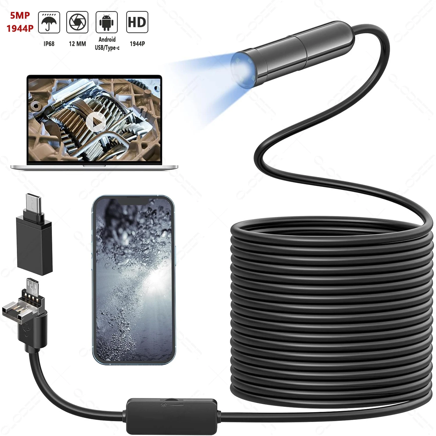 5MP 12MM 3IN1 Piping Sewer Endoscope Pipe Sewer Inspection Tools Endoscopic Cable Camera For Android Cars Iphone USB Type C
