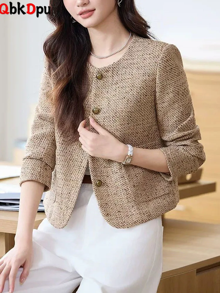 

Spring Fall New Formal Outerwears Women Casual O-neck Single Breasted Tweed Jackets Korean Fashion Long Sleeve Loose Chaquetas