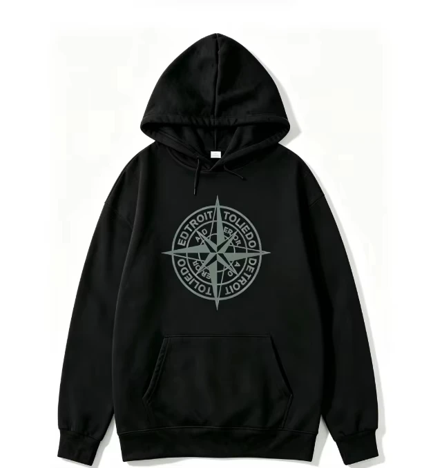 2026 New Front Features A Retro Compass-style Circular Pattern Surrounded By Circular Text Hoodies