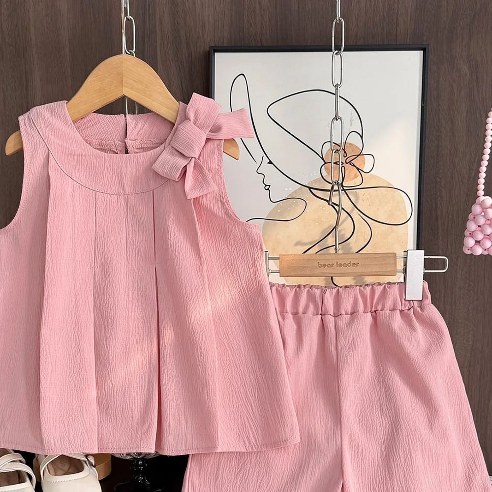 Bear Leader Sweet Pink Girls Clothes Summer Sleeveless Bow Decoration Pleated Vest+Shorts 2Pcst Olid Color Casual Children\'s Set