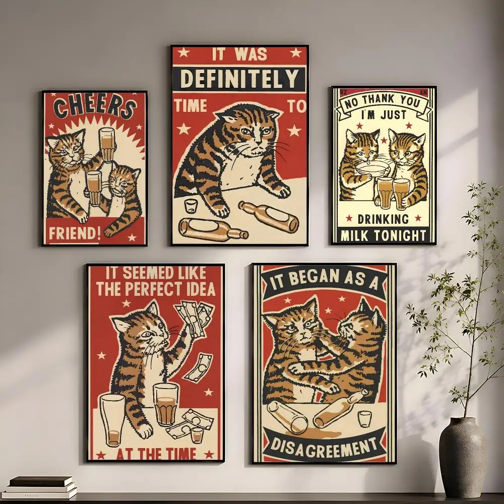 Funny Cheers Drunk Cats Poster Perfect Sticker Self Adhesive for Office Home Theater Wall Art Decor Fancy Gift