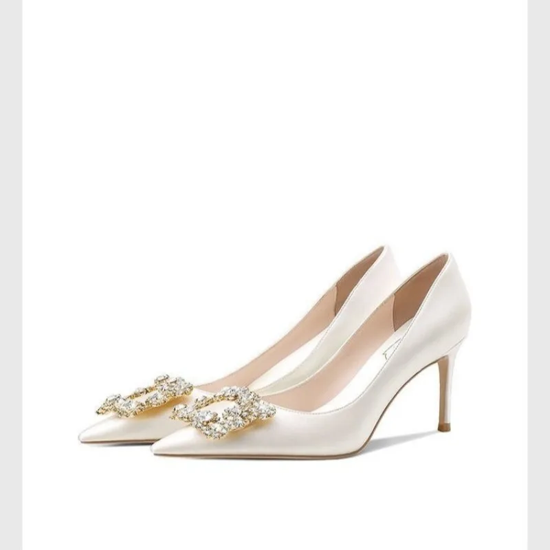 

New Style Fashion Women Rhinestone Square Buckle Dress Wedding Brides Shoes Pointed Toe Stiletto Pumps High Heels Zapatos Mujer