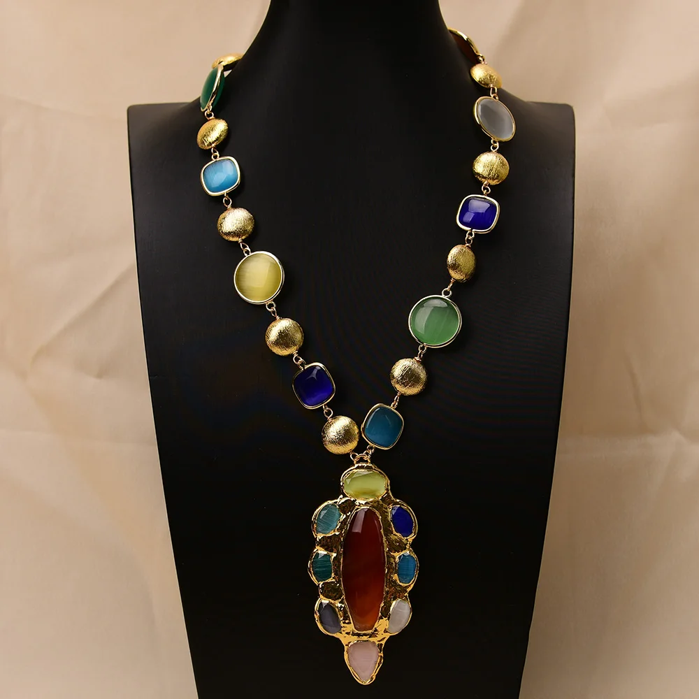 GG Natural Multi Color Cat Eye Stone Golden Brushed Coin Beads Necklace Agate Gems Pendant