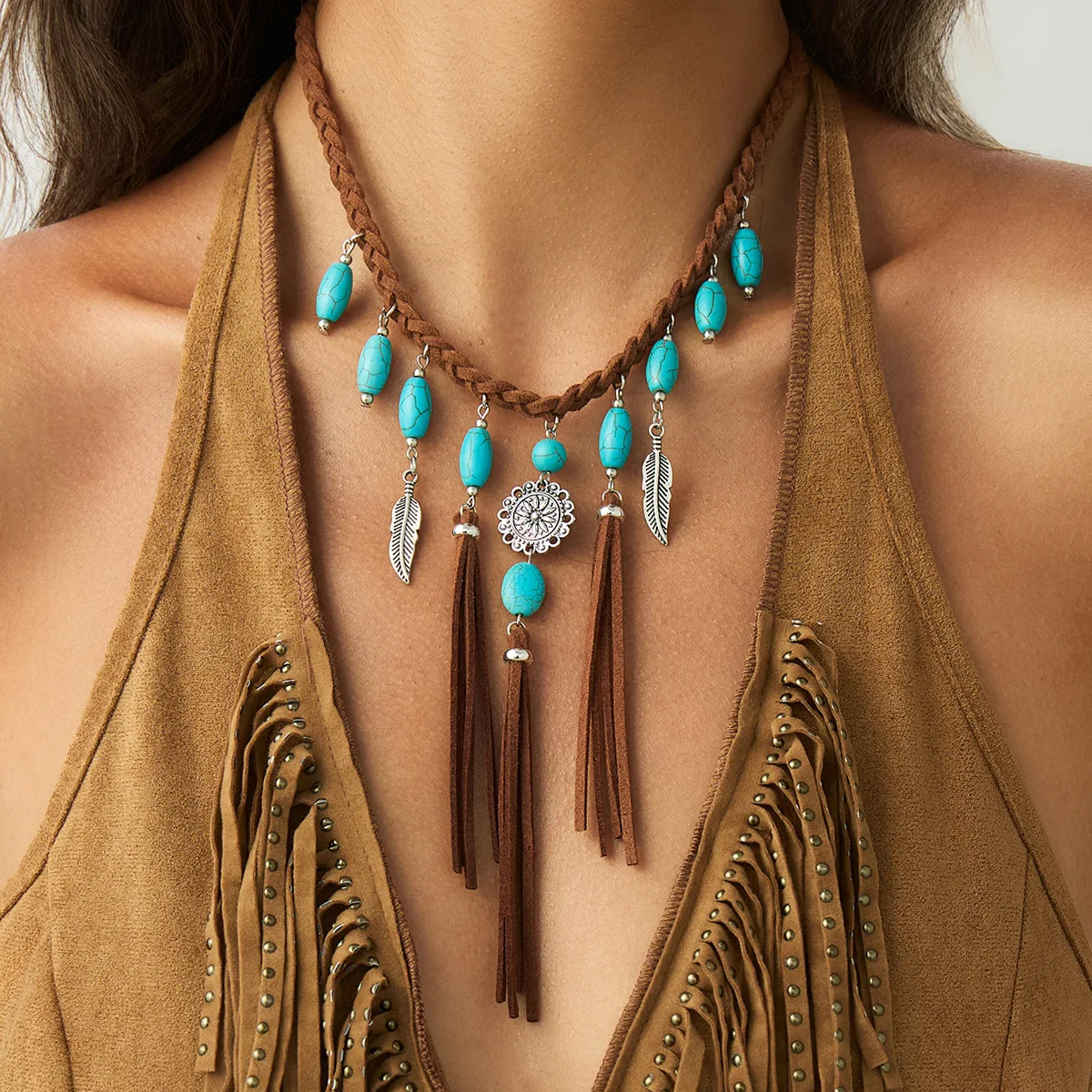 

Bohemian turquoise pendant woven fringed necklace retro ethnic velvet collarbone chain