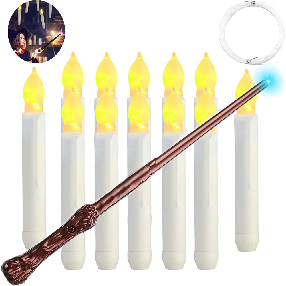 Floating LED Candles 12Pcs Flameless with Magic Wand Remote Control Flickering Hanging for Witch Party  Indoor Halloween Decor