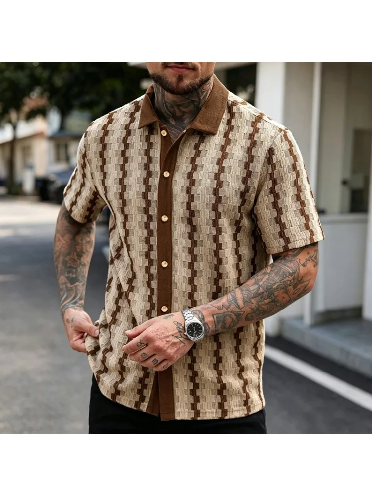 Herren Vintage Kariertes Strick-Kurzarmhemd mit Reverskragen und Knöpfen, Lässige Tägliche Streetwear Camisa Masculina, Lockere Sommer-Oberteile