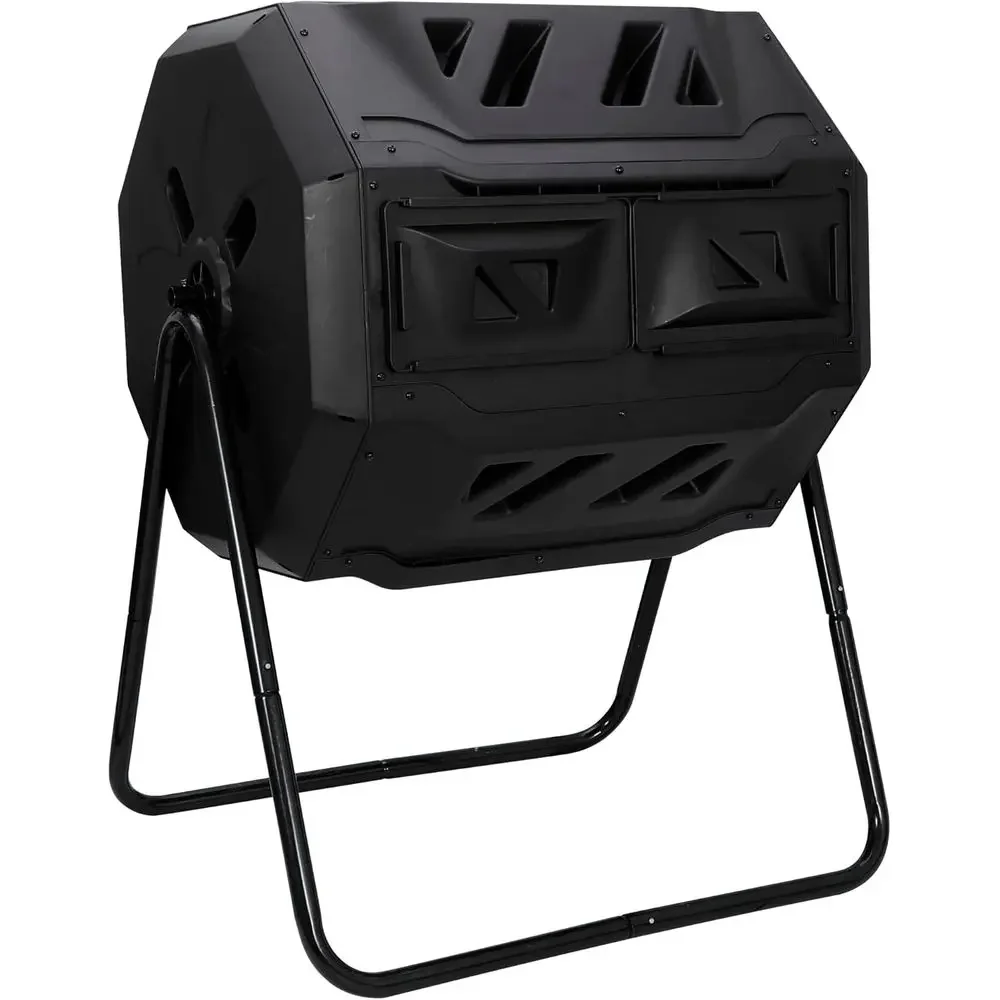 Dual Chamber 43 Gallon Outdoor Compost Tumbler with Sliding Doors for Garden and Yard Waste, Black