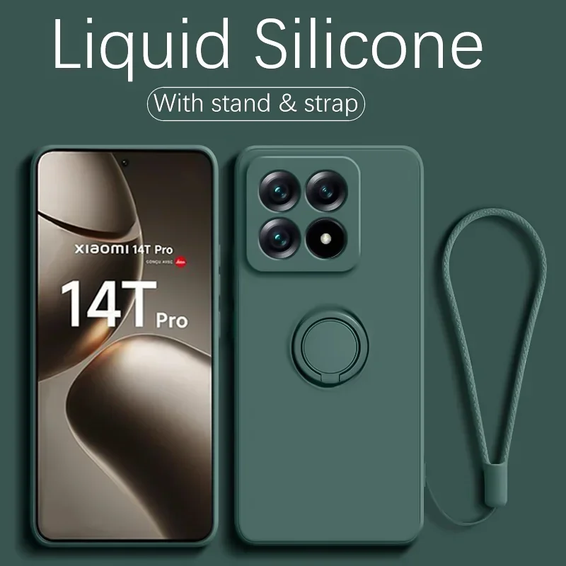 حافظة هاتف من السيليكون السائل لهاتف Xiaomi Redmi Note 14 Pro Plus + 13 Pro 12 5G 4G غطاء حامل حلقي معدني مع حزام Etui Coque