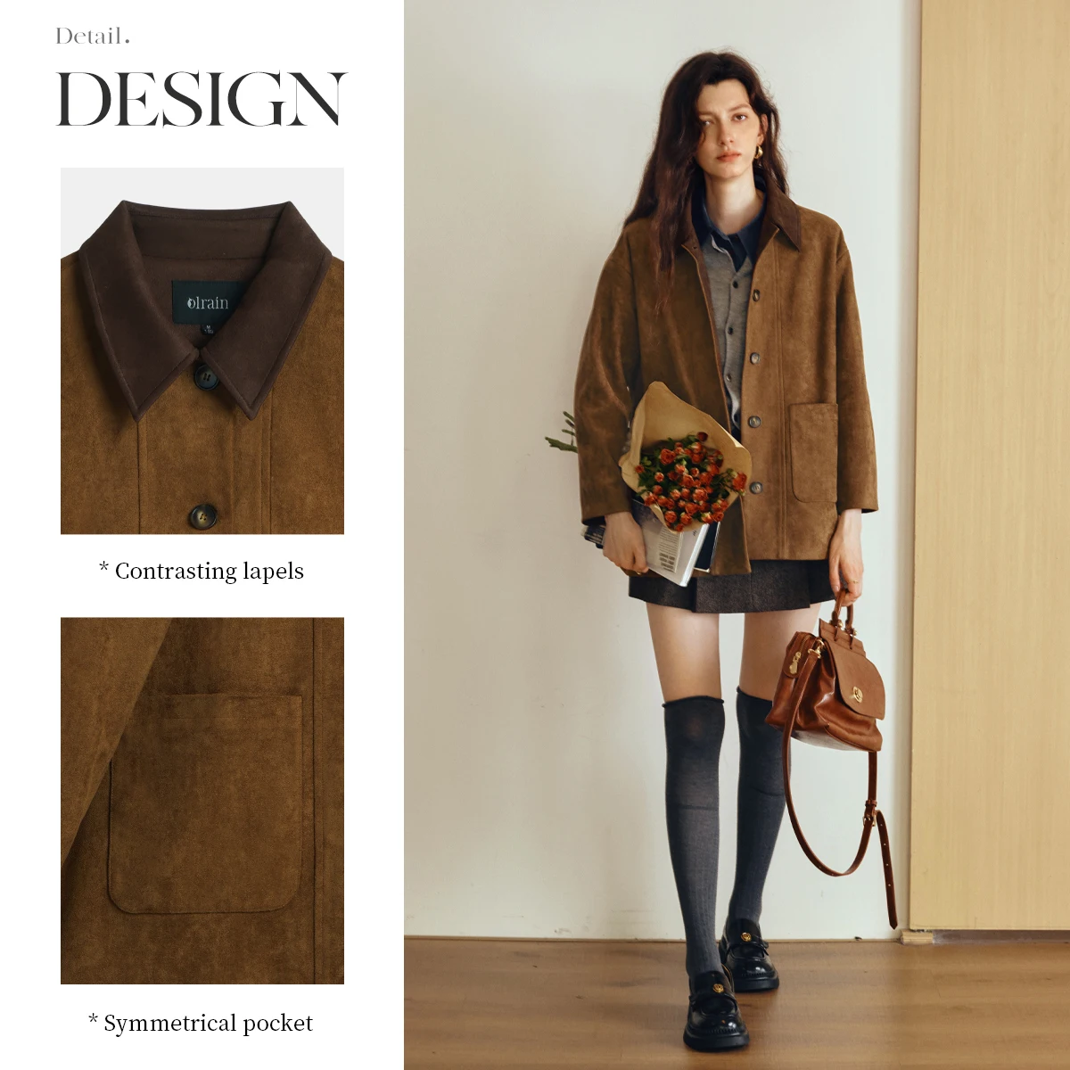 OLrain Giacca in pelle scamosciata sintetica Cappotto casual da donna con vestibilità ampia e colore a contrasto 2025 Autunno Nuovo arrivo Colletto rovesciato GO57QW000986