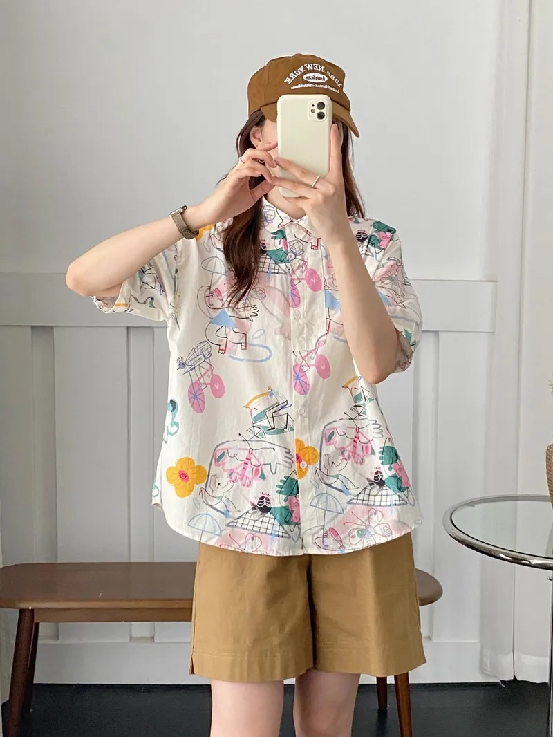 100% Cotton summer Women\'s Hawaiian Shirts Hawaii Beach Print Fashion Resort Clothes Short Sleeve Blouse Large Sizes Tops