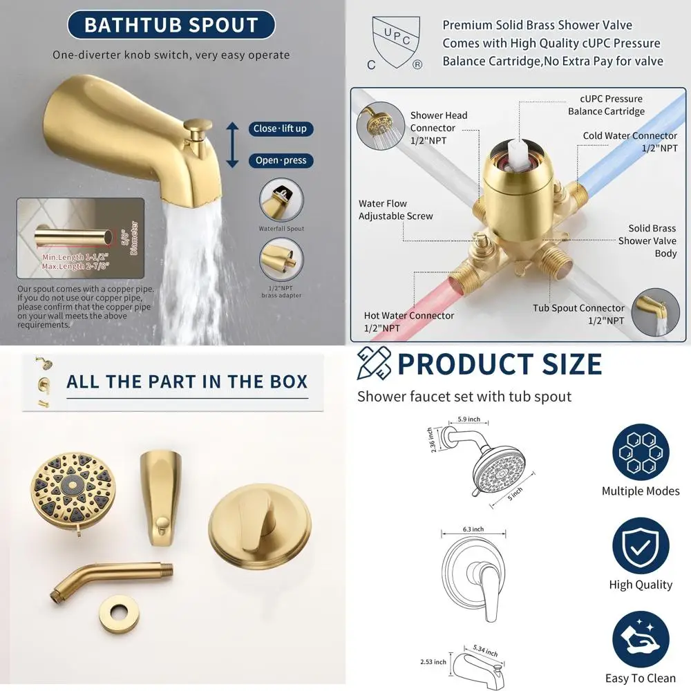 

Brushed Gold Tub Shower Combo: Faucet Set with Spout, Shower System, and Valve Trim Kit