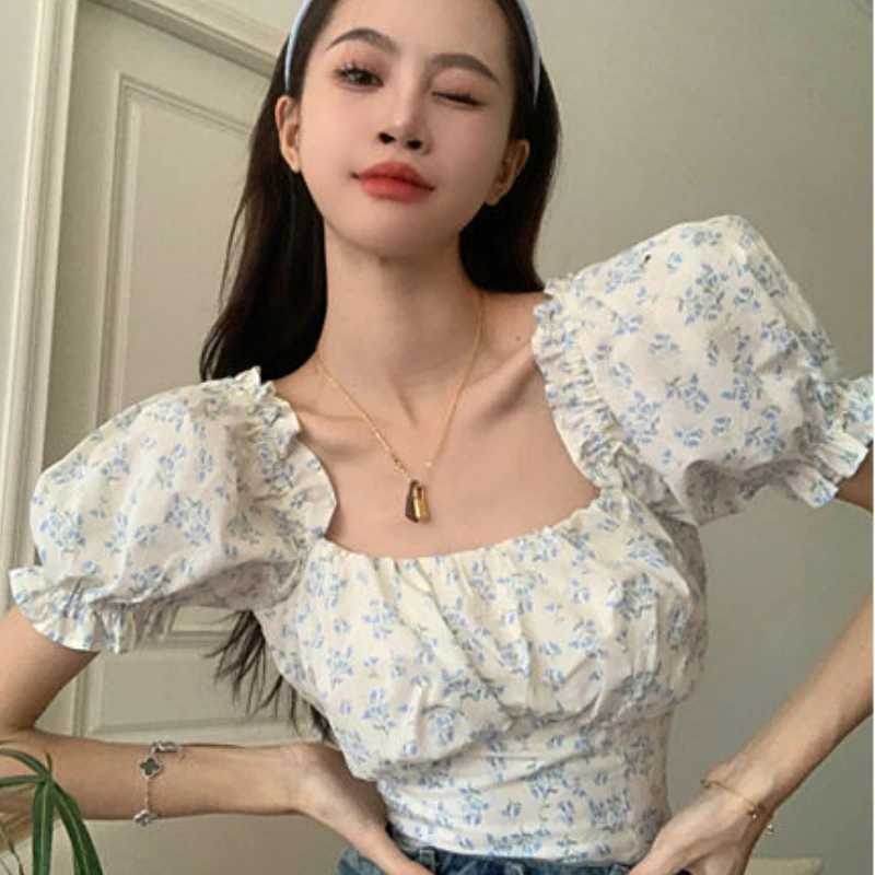 Floral Blouses Women Bandage Puff Sleeve Hotsweet Square Collar Crop Tops Fashion Summer Slim Streetwear Ulzzang Students Simple