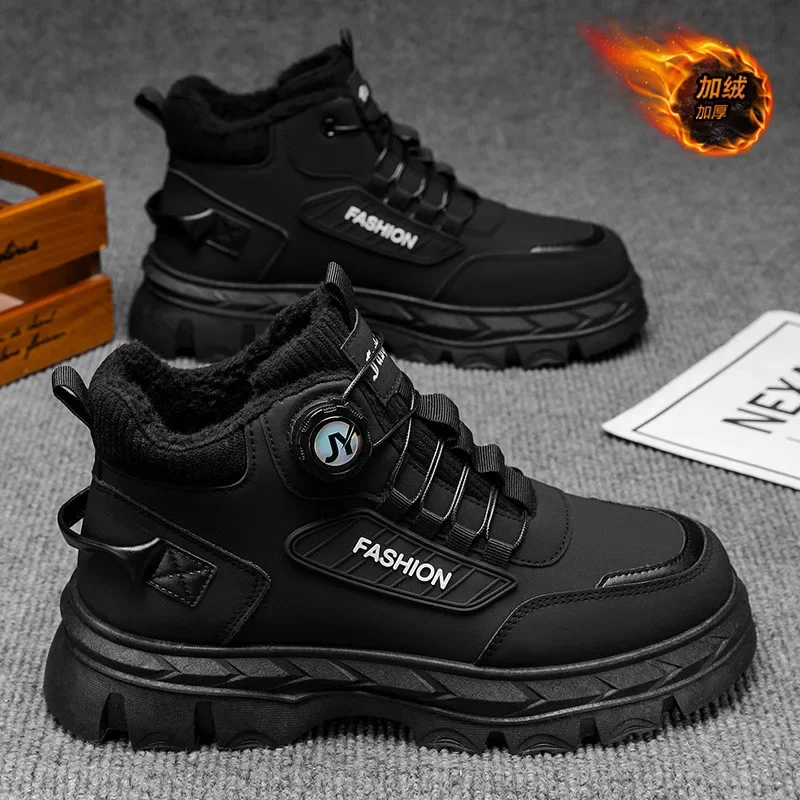 2025 botas altas de pelúcia de inverno para homens, sapatos de trabalho retrô estilo britânico, botas curtas quentes de sola grossa da moda