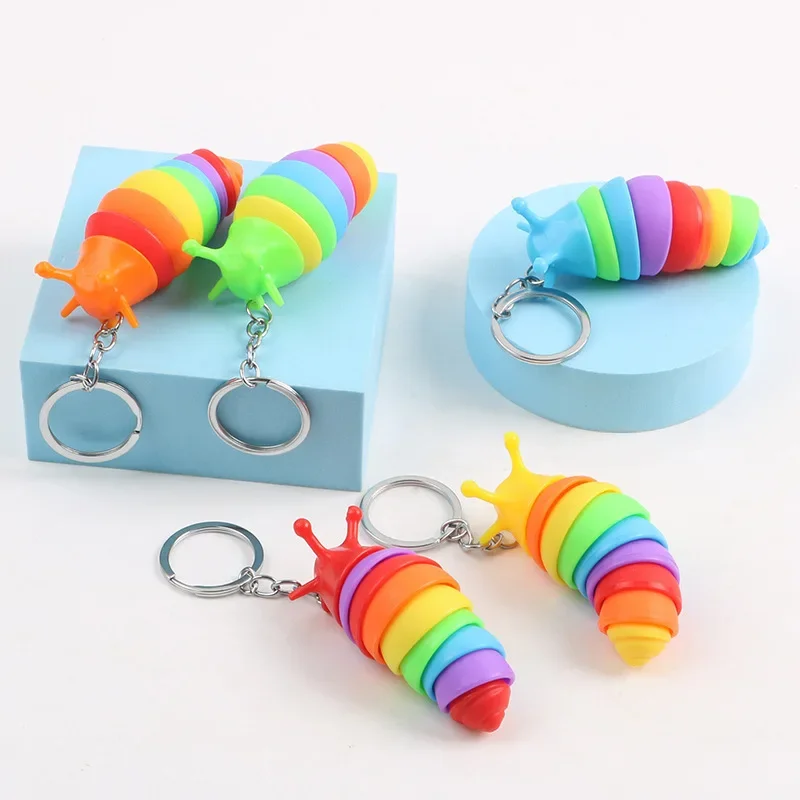 Creative Rainbow Color Caterpillars Keychain Relaxing Plastic Animal Keyring for Women Men Car Handbag Phone Case Pendant Gifts