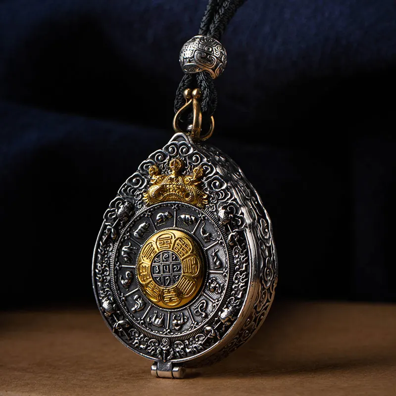 Retro Steel Alloy Locket Necklace Eight Treasures of Buddhism pattern Buddhist Exquisite Pendants Necklac Accessories Jewelry