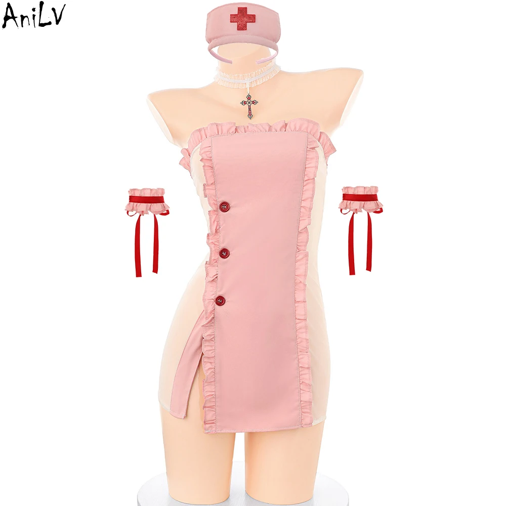 

AniLV Pretty Nurse Uniform Sexy Lingerie Outfit Sweet Girl Mesh Dress Pajamas Erotic Costumes Cosplay