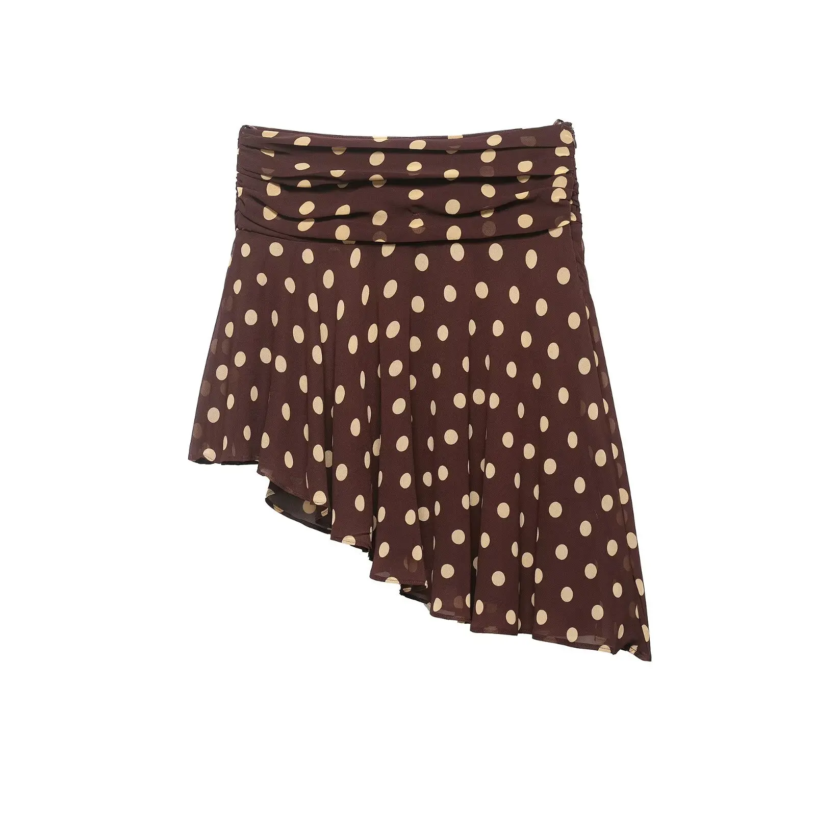 Falda de media longitud con decoración de lunares y dobladillo asimétrico, estilo casual y cómodo para el día a día, nueva colección de primavera, poliéster.