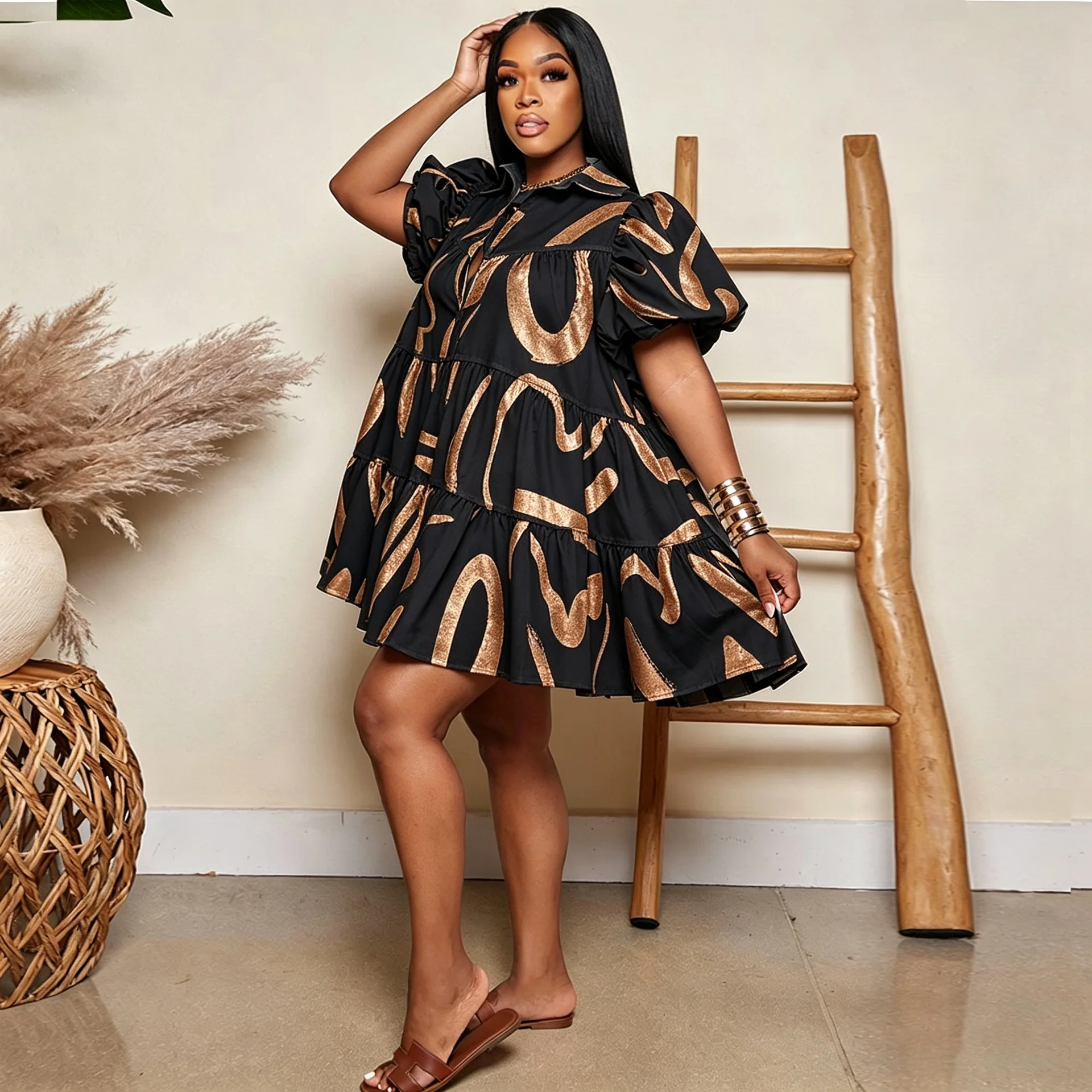 Abstract Print Shirt Mini Dress Collared Puff Short Sleeve Button Tiered Babydoll Dress Women Casual Summer Oversized Dress